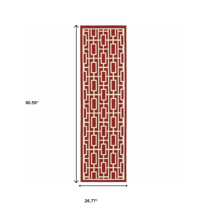 2' X 8' Geometric Stain Resistant Indoor & Outdoor Area Rug - Red / Ivory