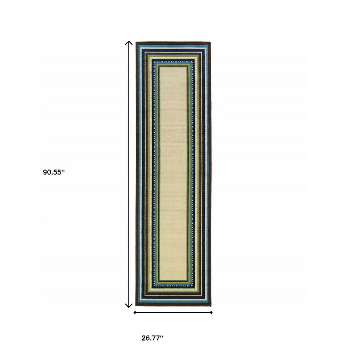 2' X 3' Striped Outdoor / Indoor Area Rug - Ivory / Blue