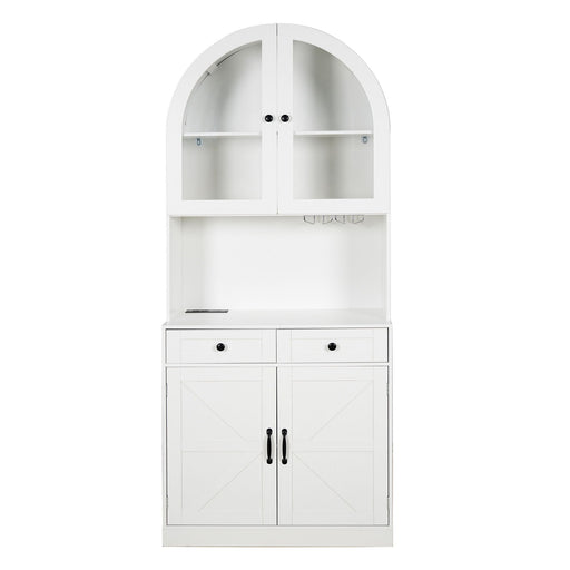 Tall Arched Pantry Cabinet With Charging Station, Adjustable Shelves, Coffee Bar Home Essentials
