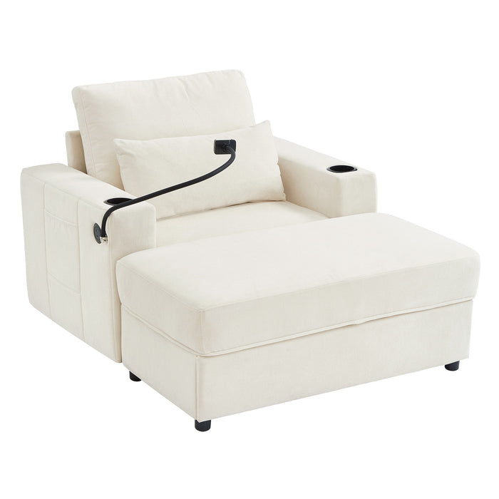 Modern Style Armchair Chaise Lounge Sofa Couch With Movable Storage Ottoman, USB Ports, Cup Holders, Phone Holder, Side Pockets