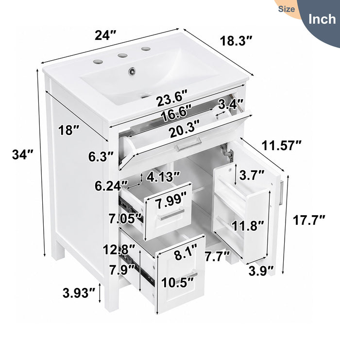 Modern Bathroom Vanity With Sink, Flip Drawer & 2 Drawers, Soft Close Hinges, Adjustable Shelf Hearth and Haven