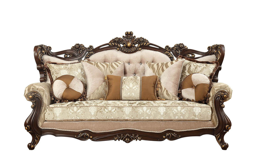 Polyester Blend Curved Damask Sofa And Toss Pillows With Brown Legs - Beige