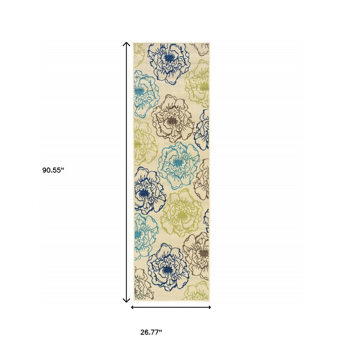 2' X 8' Floral Stain Resistant Indoor / Outdoor Area Rug - Green / Ivory