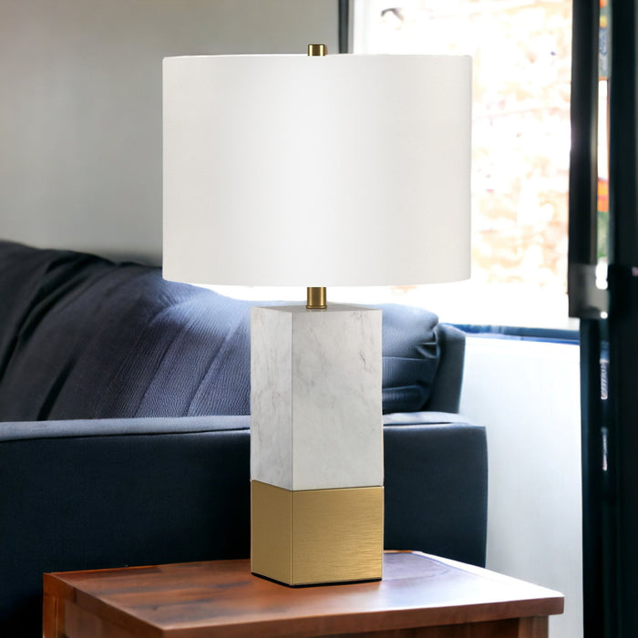 Marble Table Lamp With White Drum Shade - Gold And White