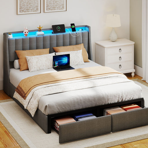 Upholstered Platform Bed Frame With RGB LED Lights, Charging Station & 2 Underbed Drawers Home Essentials