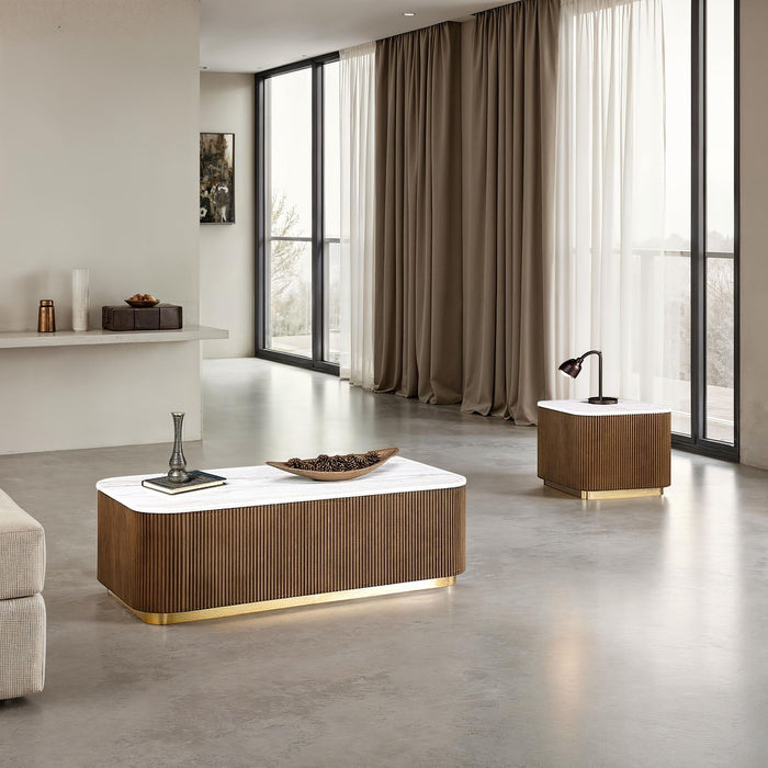 3 Piece Table Set (Rectangle Cocktail Table And Two Square End Tables) - Brown / Gold / White Home Essentials