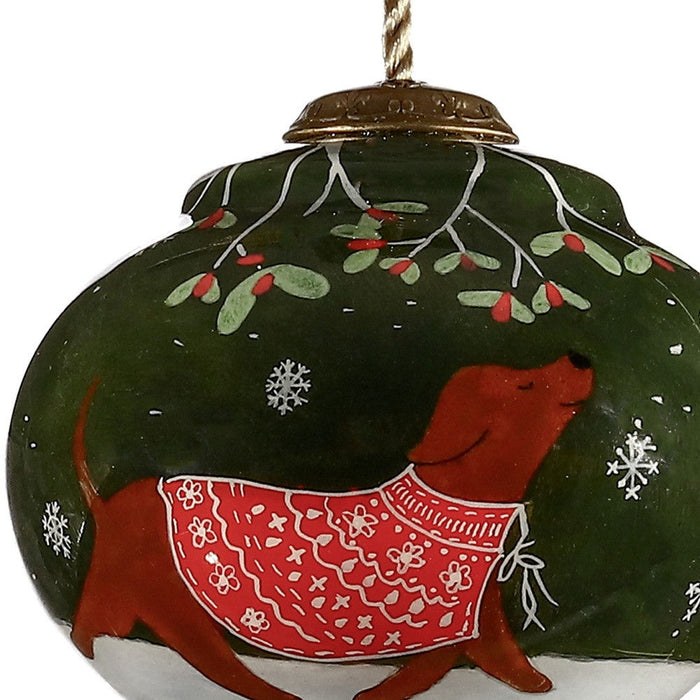 Trotting Dog In Comfy Christmas Attire Hand Painted Mouth Blown Glass Ornament