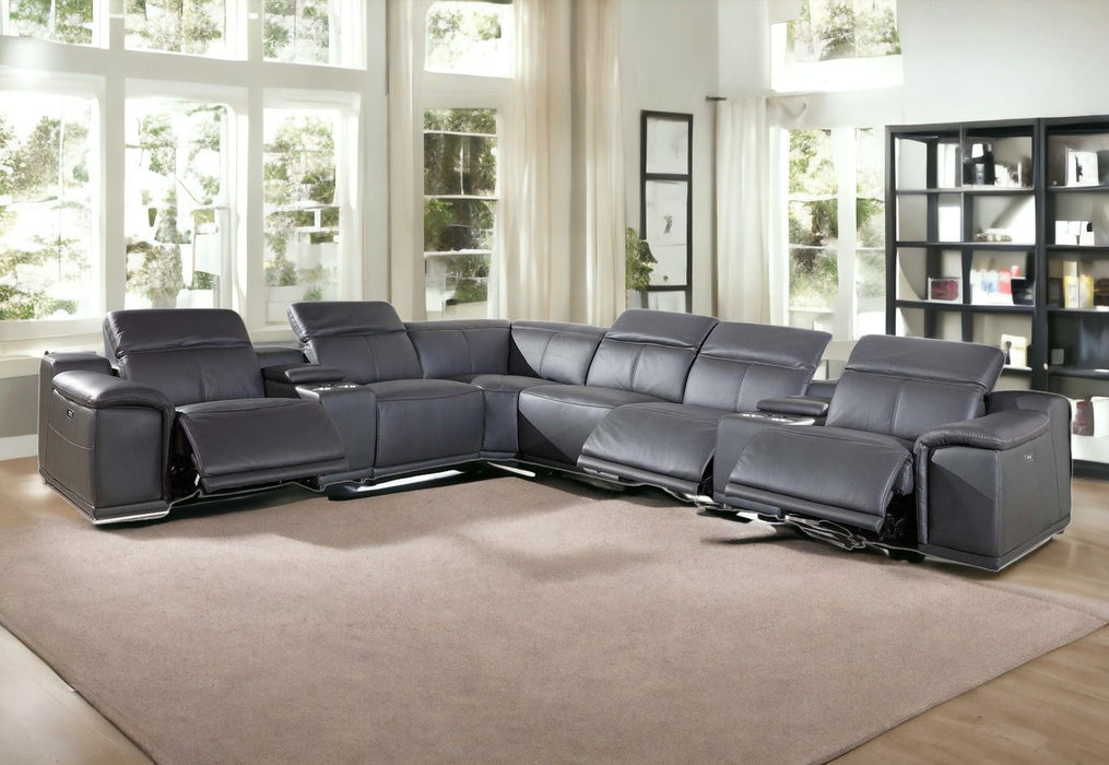 Italian Leather Power Reclining U Shaped Eight Piece Corner Sectional With Console - Gray