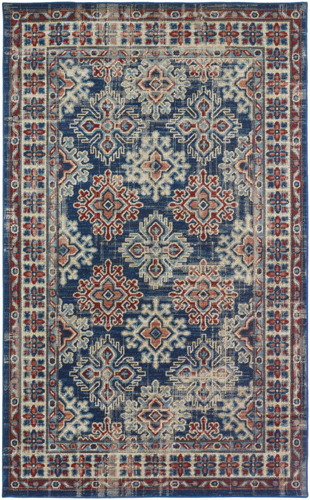 Abstract Power Loom Distressed Stain Resistant Area Rug - Blue Red And Ivory - 5' X 8'