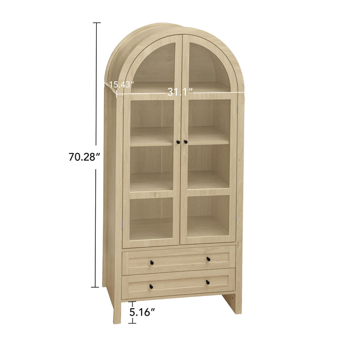 Tall Arched Kitchen Pantry, Modern Farmhouse Wood Kitchen Storage Cabinets, Arched Storage Display Cabinet With Adjustable Shelves, Versatile Cupboard For Kitchen, Dining Room, Living Room - Natural