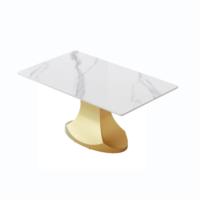 63" Modern Artificial Stone Panel Golden Stainless Steel Curved Legs, Can Accommodate 6-8 People - White / Gold