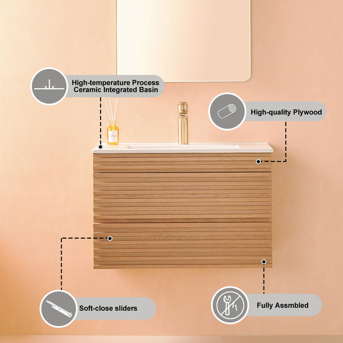 Wall Mounted & Floating Single Vanity With Ceramic Sink - Natural Walnut Home Essentials