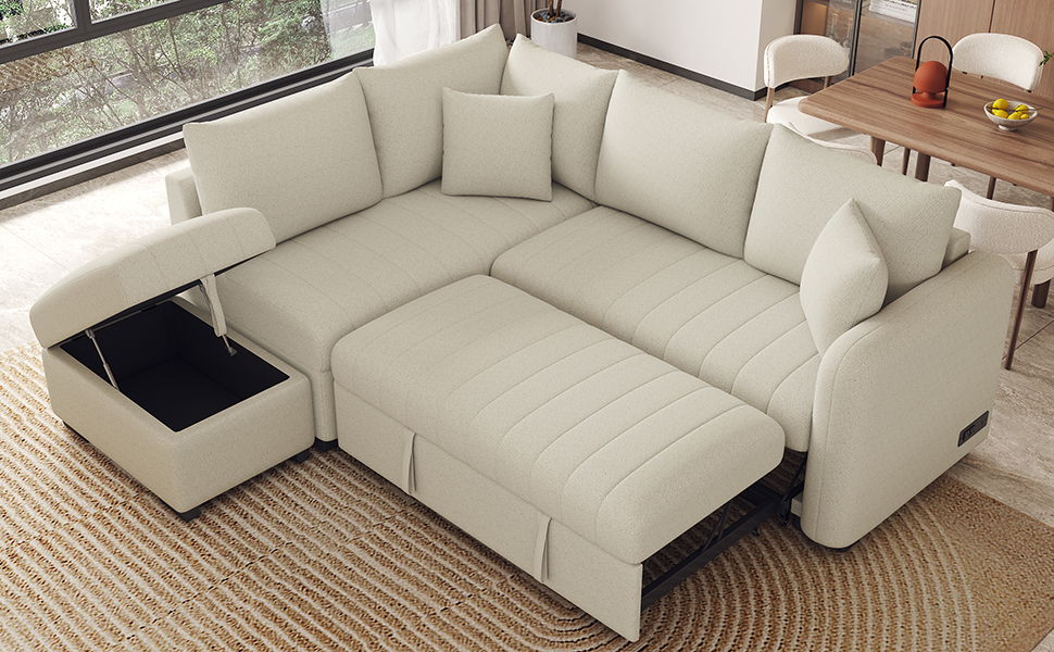 82.6" L-Shaped Sectional Pull Out Sofa Bed Sleeper Sofa With Two USB Ports, Two Power Sockets And A Movable Storage Ottoman, Beige