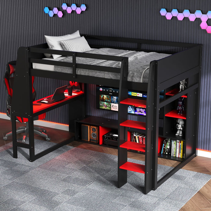 Gaming Loft Bed With Desk, Multi Storage Shelves, LED Lighting, And Hanging Clothes Rack Hearth and Haven