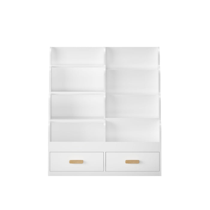 Bookshelf With 2 Storage Drawers, Front Facing Bookcase And Toy Organizer, Multi Tier Reading Shelf - White