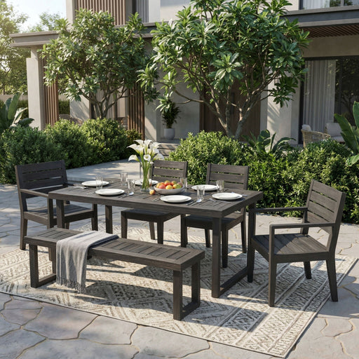 Outdoor 6 Seater Dining Set With Bench - Dark Gray / Light Gray Noble House