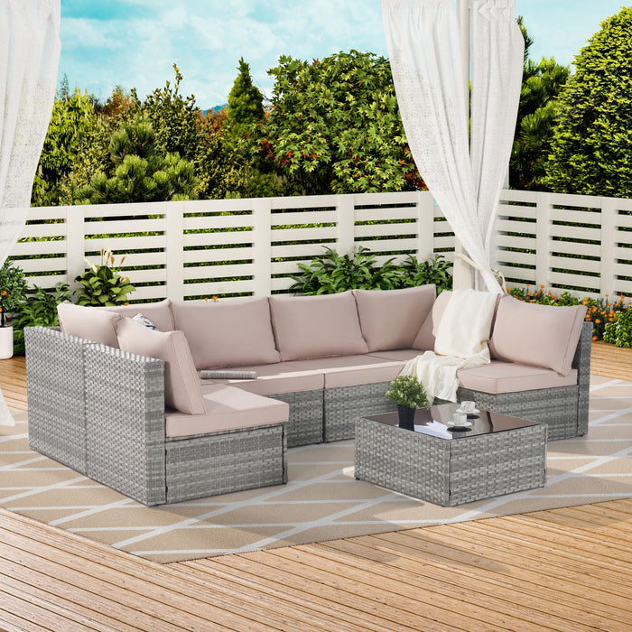 Outdoor Rattan 7 Pieces Furniture Sofa And Table Set - Gray / Light Brown