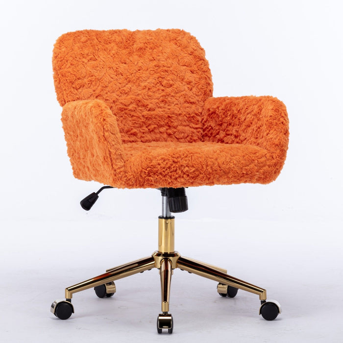 A&A Furniture Office Chair, Artificial Rabbit Hair Home Office Chair With Golden Metal Base, Adjustable Desk Chair Swivel Office Chair, Vanity Chair (Orange)