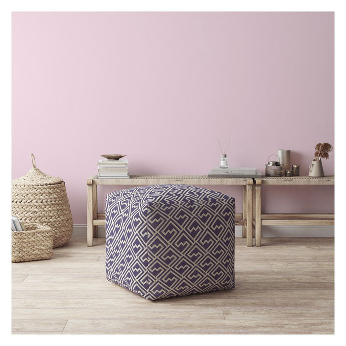 Cotton Damask Pouf Ottoman - Purple / White