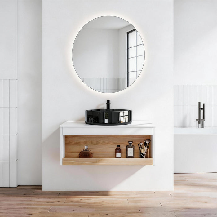 Floating Bathroom Vanity With Vessel Sink With Open Shelf Storage Home Essentials