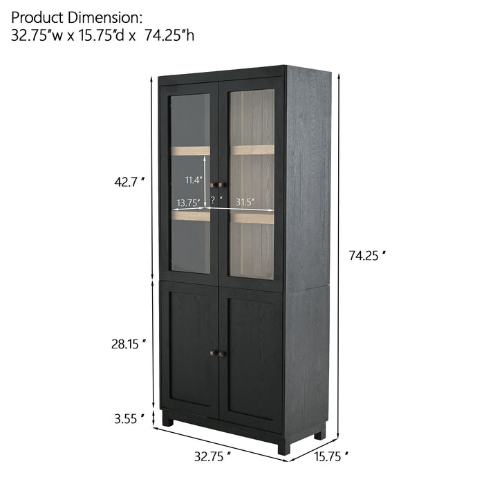 Mid Century Modern Style Tall Display Cabinet With Glass Doors For Collectibles - Black