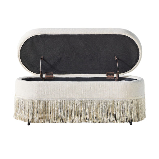 Oval Upholstered Storage Ottoman With Fringe Trim & Lift Top Lid Home Essentials