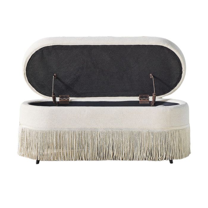 Oval Upholstered Storage Ottoman With Fringe Trim & Lift Top Lid Home Essentials