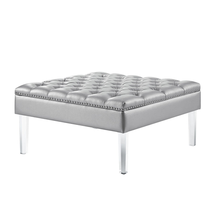 Faux Leather Tufted Cocktail Ottoman - Silver / Clear