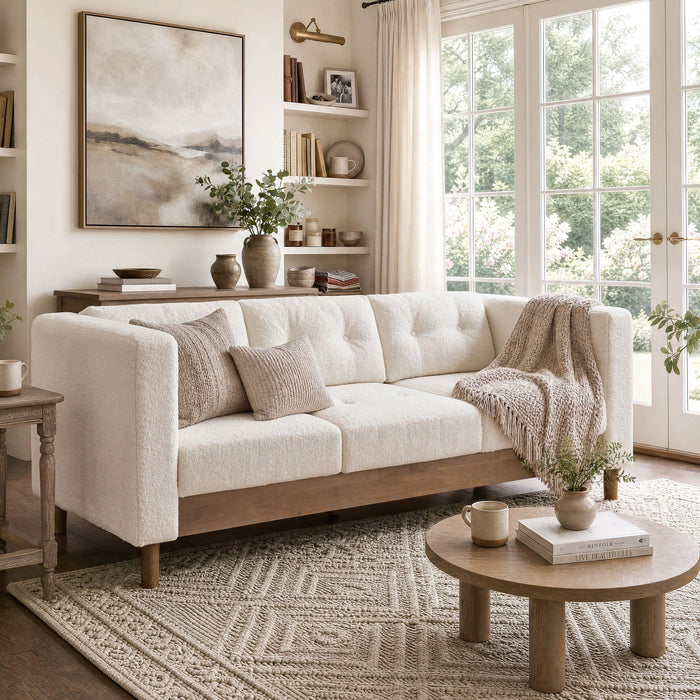 3 Seater Sofa With Square Arms, Tufted Pillow Back For Living Room Noble House