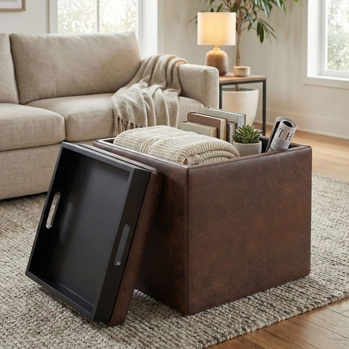 Rockwood - Upholstered Cube Storage Ottoman With Tray Simpli-Home