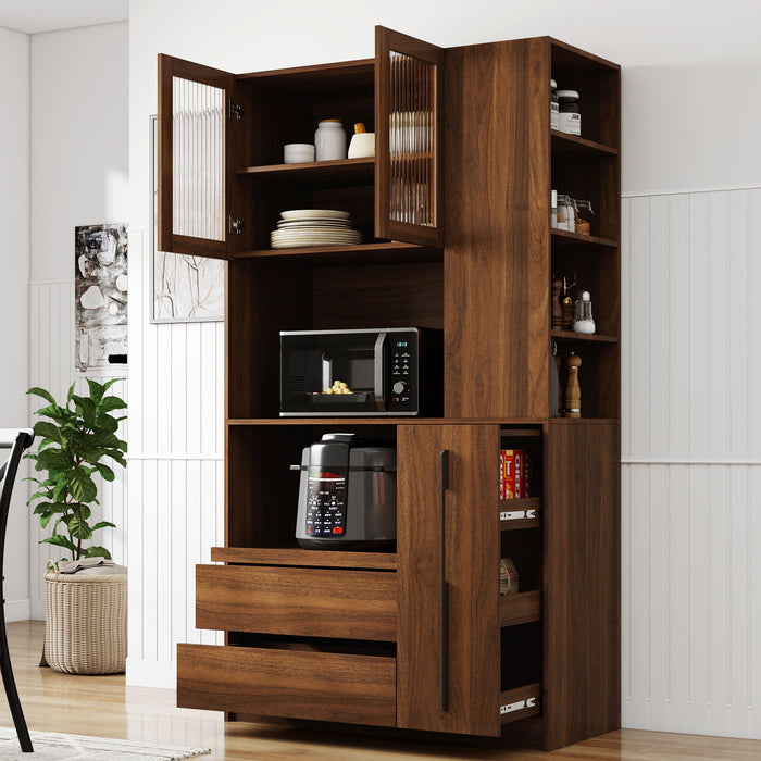 Tall Kitchen Pantry Cabinet With 4 Tier Side Shelf, 2 Drawers, Freestanding Food Hutch With Microwave Stand For Dining Room - Walnut Home Essentials