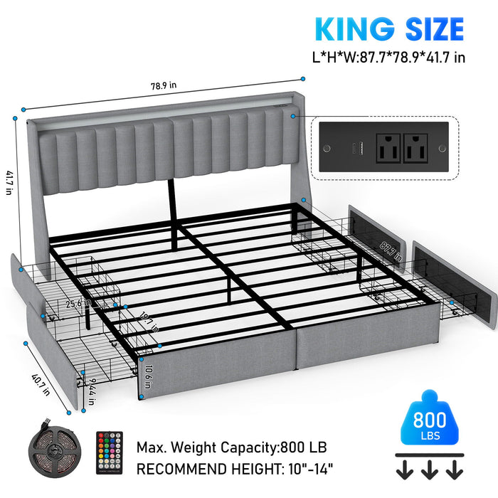 King Upholstered Bed Frame With 4 Storage Drawers, RGB LED Lights & USB / Type-C Charging Station, No Box Spring Needed - Gray