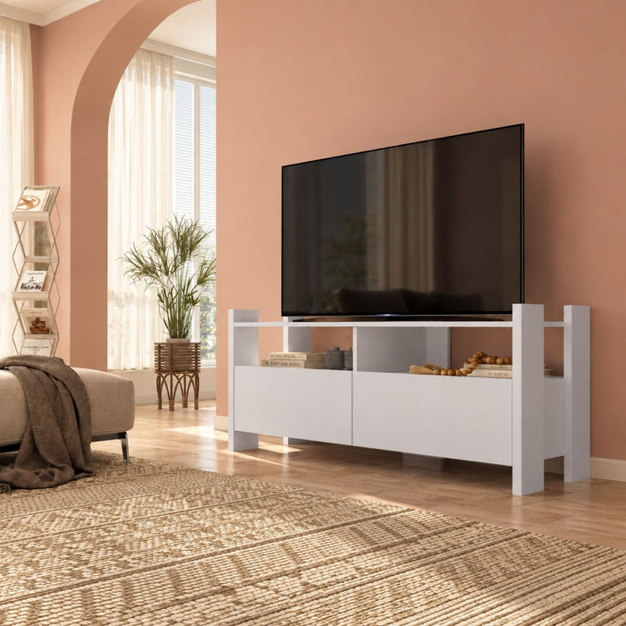TV Stand For TVs Up To 55" With Open Shelves And 2 Drawers - White Home Essentials