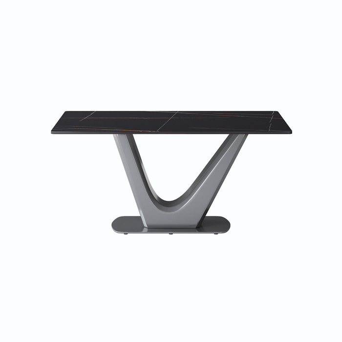 63" Modern Artificial Stone Panel V-Shaped Metal Legs, Can Accommodate 6-8 People - Black Top