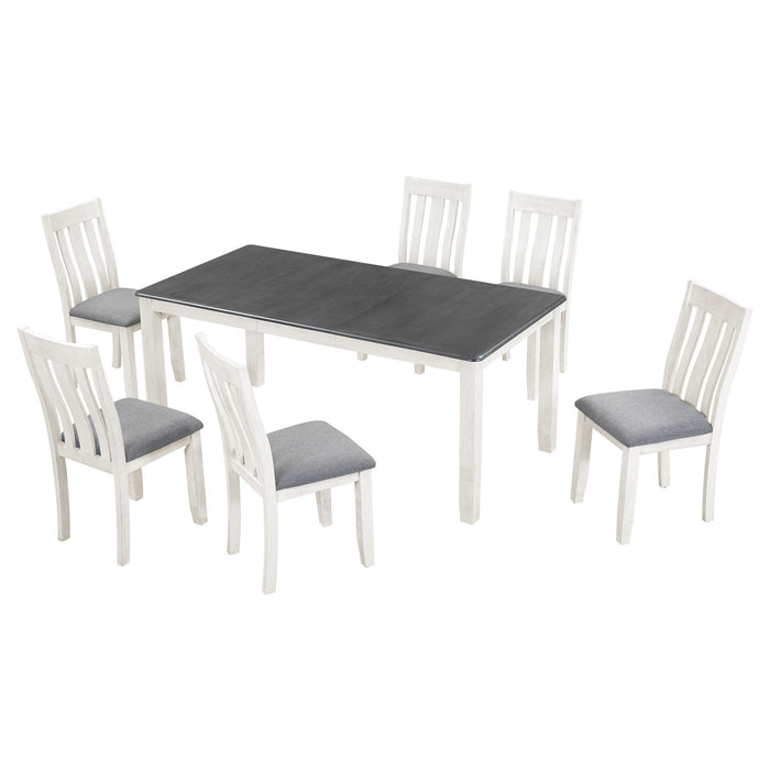 Retro Style 7 Piece Dining Table Set With Extendable Table And 6 Upholstered Chairs - Gray / White