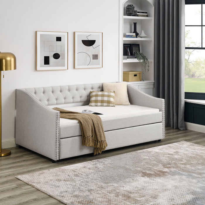 Upholstered Tufted Daybed With Drawers, Waved Arms Home Essentials