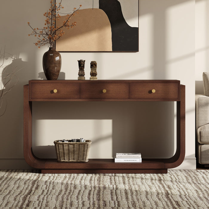 Console Table With 3 Drawers, Display Shelf, Curved Legs - Walnut Noble House