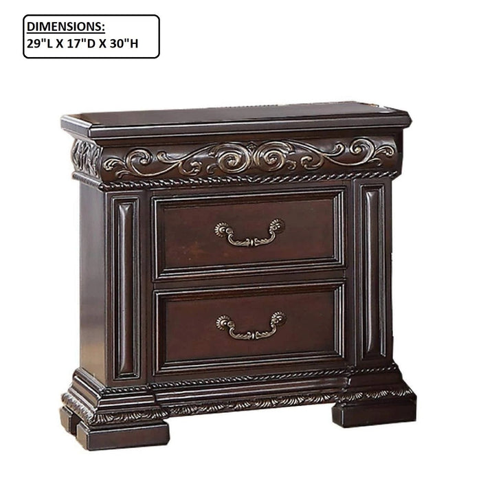 2 Drawer Nightstand, Carvings Bedside Table, Bedroom Furniture - Cherry