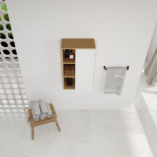 Wall Mounted Bathroom Side Cabinet, Single Door With 3 Tier Open Shelves - Black / Light Oak / White Home Essentials