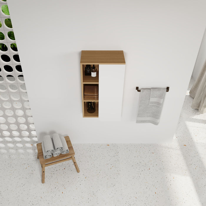 Wall Mounted Bathroom Side Cabinet, Single Door With 3 Tier Open Shelves - Black / Light Oak / White Home Essentials