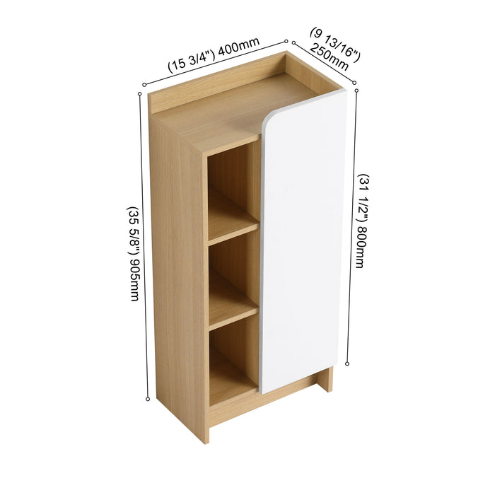 Freestanding Bathroom Side Cabinet, Narrow Storage Cabinet With Single Door & 3 Tier Open Shelves - Black / Light Oak / White Home Essentials