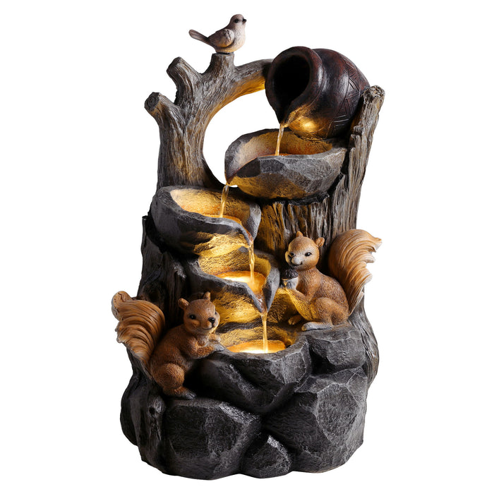 Outdoor Squirrel, Tiered Waterfall Fountain With LED Light For Patio - Gray Daily Nest