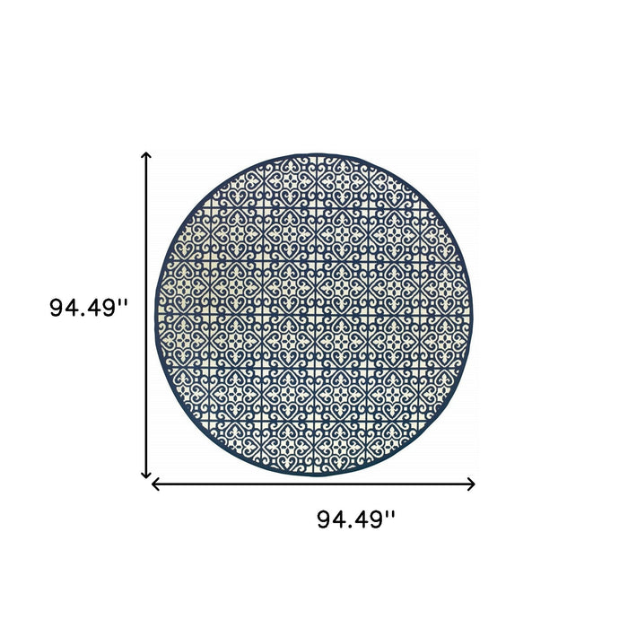 8' X 8' Round Geometric Stain Resistant Outdoor / Indoor Area Rug - Ivory / Blue