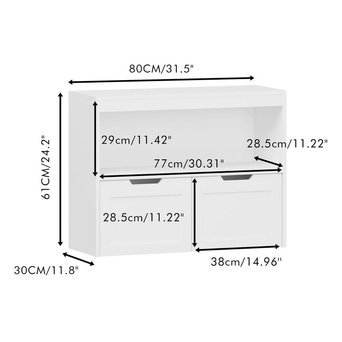 Book Organizer With Large Drawers And Open Shelves, Toy Storage Cabinet With Removable Wheels And Rounded Edges - White