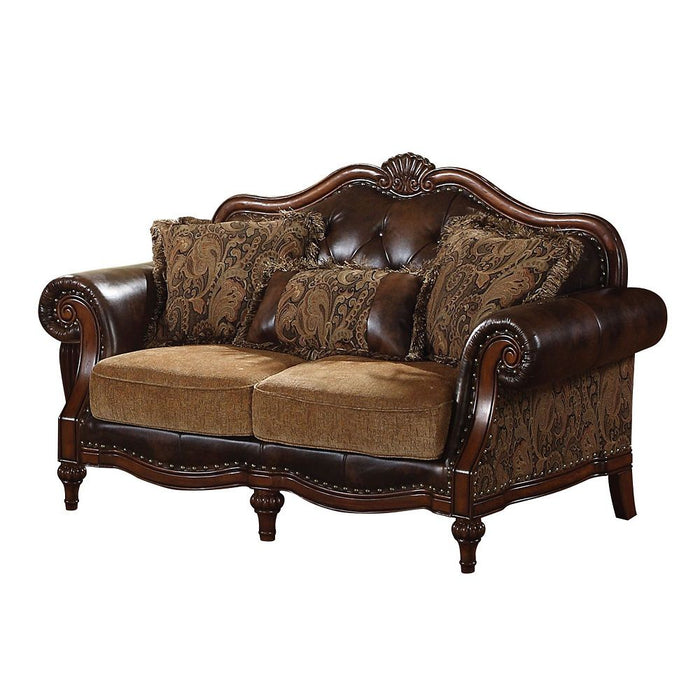 Dreena - Loveseat With 3 Pillows - Two Tone Brown Synthetic Leather & Chenille Cherry ACME