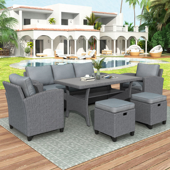 Topmax 6 Piece Outdoor Rattan Wicker Set Patio Garden Backyard Sofa, Chair, Stools And Table (Gray Rattan / Gray Cushion)