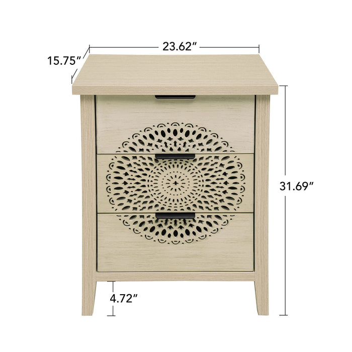 Hollow Carved 3 Drawer Cabinet Dresser Storage Chest With Metal Handles For Living Room Bedroom - Natural