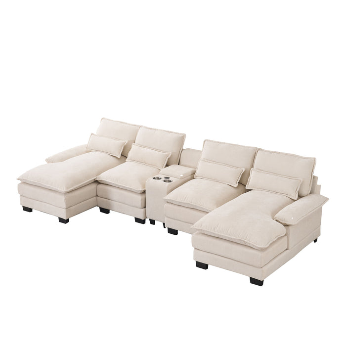 U Shaped Sofa With Console, Cupholders, USB Ports, 6 Seat, Bronzing Suede &
