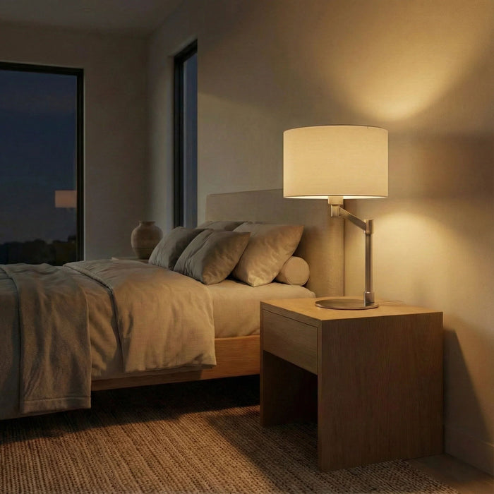 Horizon - Table Lamp With On / Off Switch Curved Base Linen Shade - Brushed Nickel / Silver / White Ashcroft Furniture