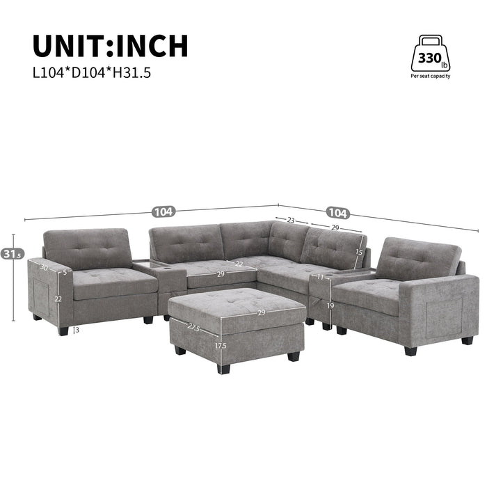 Sectional With Acrylic Table Top U Shaped Couch Set With 2 Consoles USB Charger, Storage Drawers And Pockets Movable Ottoman Tufted Sofa